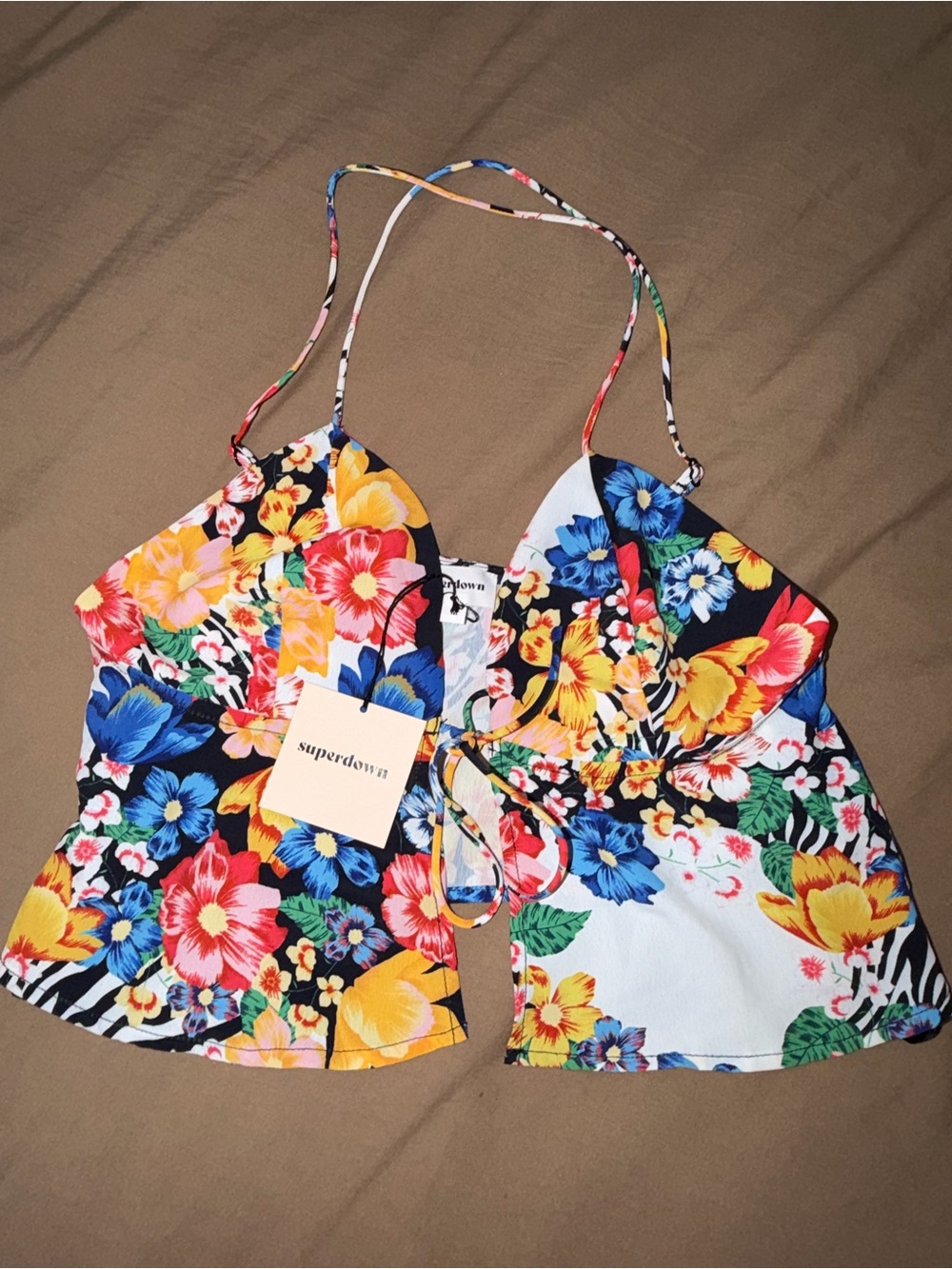 superdown Multicolor Floral Halter Camisole with Blue, Yellow & Red Flowers